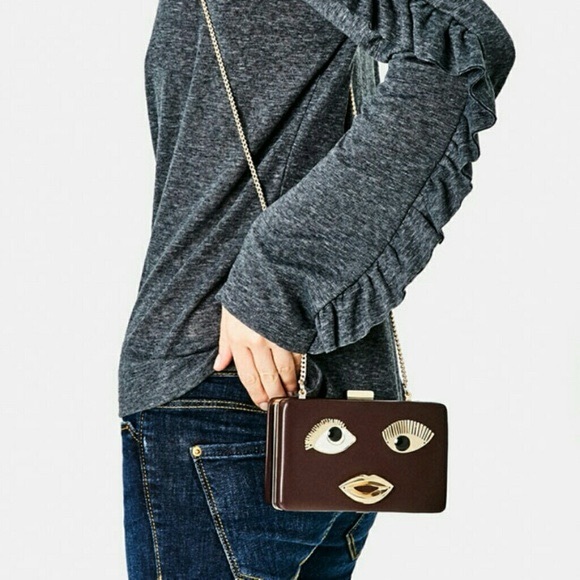 ZARA Minaudiere Gold Face Burgundy Kitschy BAG Crossbody Purse Chain - Picture 2 of 7